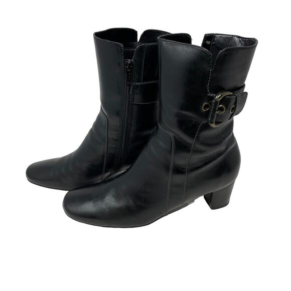 Ecco Size 40(9) Black Leather Mid Calf Boots Adjustable Buckle Side Zip-Flaw - Picture 1 of 16